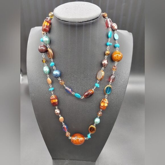 Glass and stone silver tone Fall necklace - Picture 1 of 5